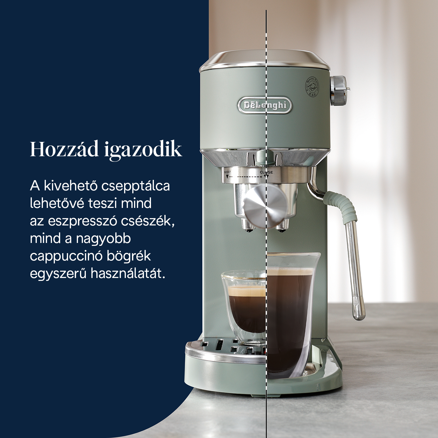 Egy olívazöld eszpresszó gép egy kávéval teli üveggel. A gépen a Delonghi logója és magyar nyelvű szöveg található.