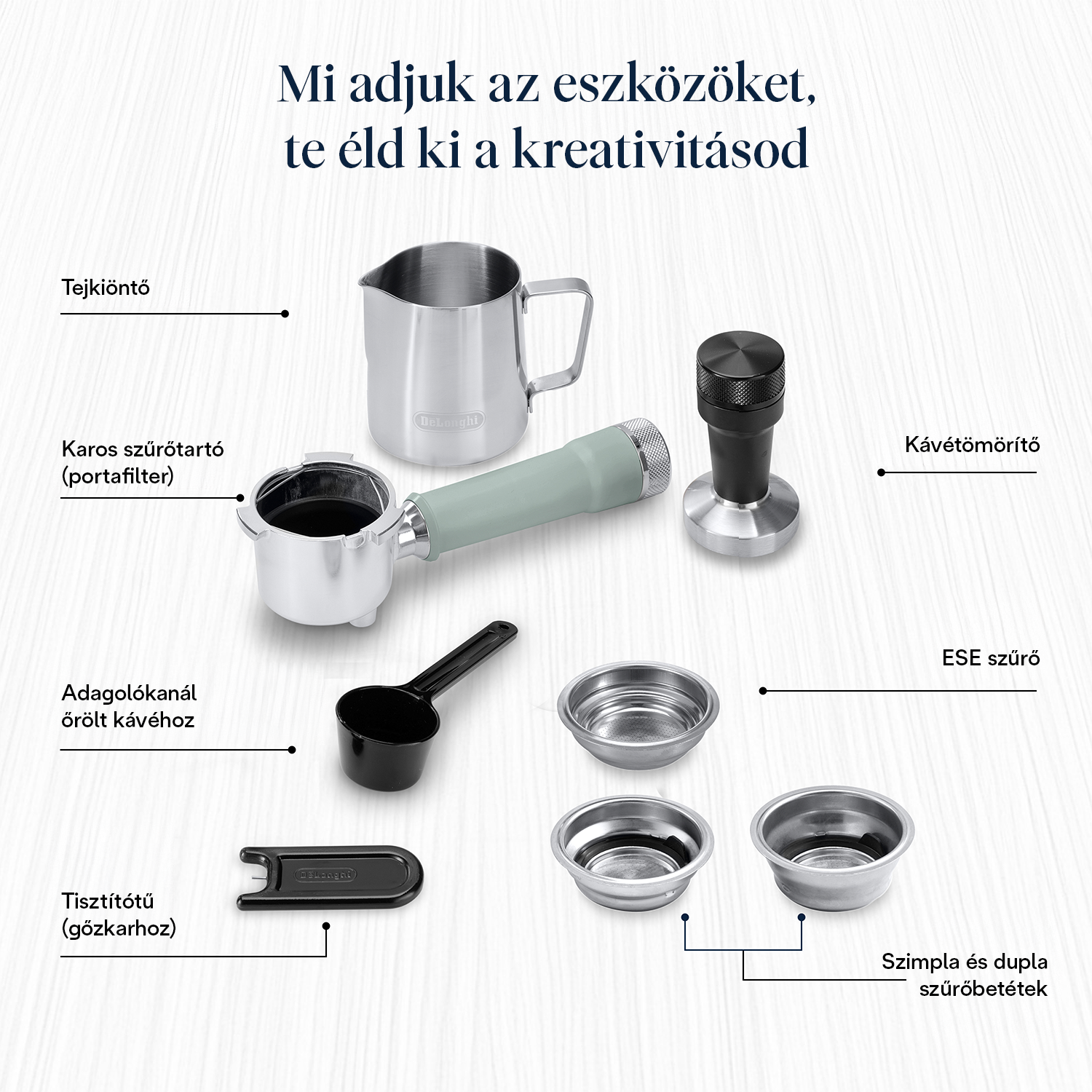 Kávéfőző tartozékok, beleértve a tejhabosító kancsót, a szűrőtartót, a tömörítőt, a kanalat és a szűrőket fehér háttéren.
