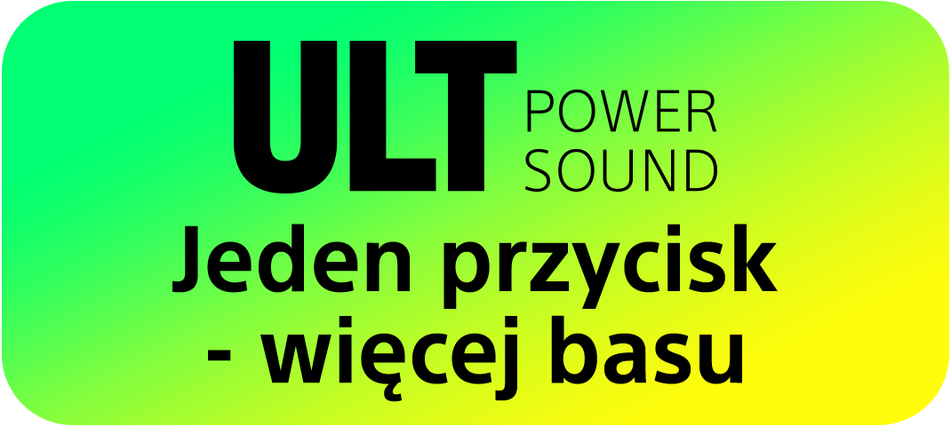 Obraz ma gradient w tle, od zielonego do żółtego. Zawiera czarny napis 'ULT', a następnie 'POWER SOUND' i tekst po polsku.