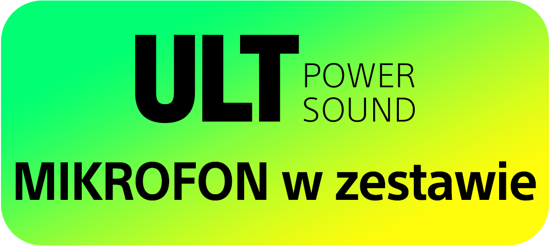Obrazek zawiera napis 'ULT' nad 'POWER SOUND'. Poniżej 'MIKROFON w zestawie' na zielono-żółtym tle.