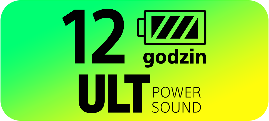 Obraz z gradientowym tłem, przedstawiający liczbę 12, słowo 'ULT', ikonę baterii oraz słowa 'godzin', 'POWER SOUND'.