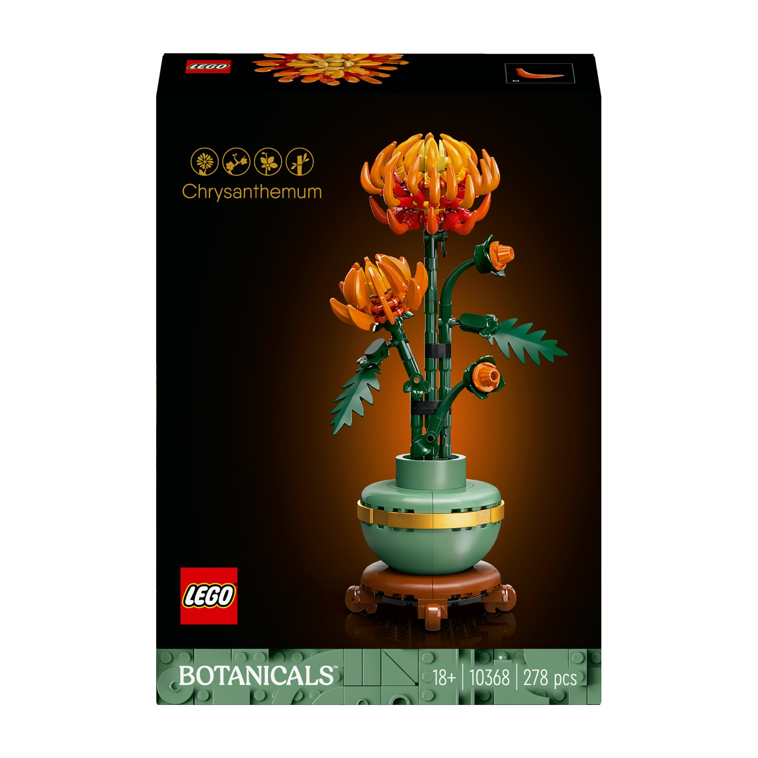 Set Lego Crisantemo. Fiori arancioni e gialli, steli verdi e un vaso verde su un supporto marrone. Sfondo nero.