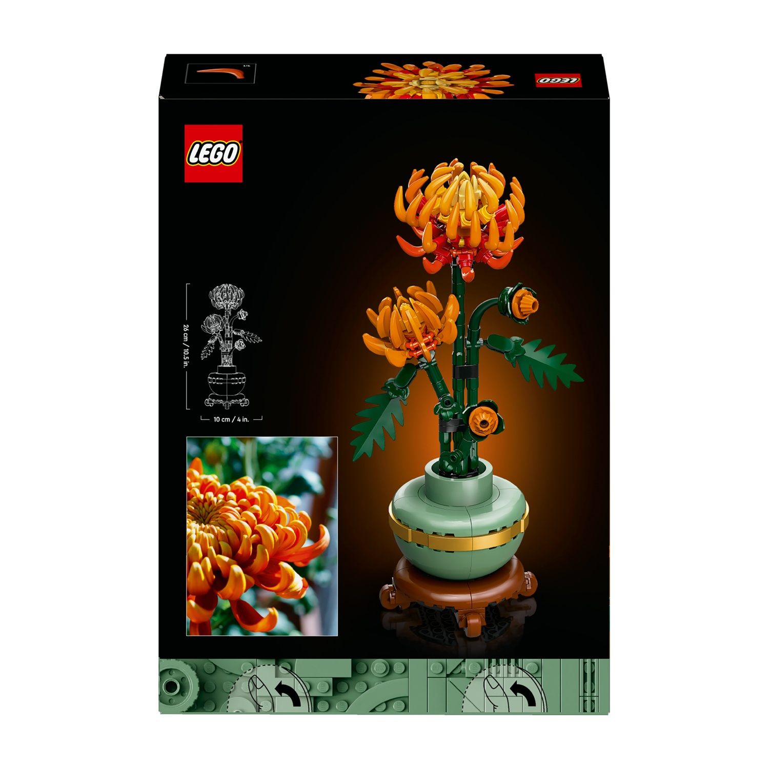 Scatola del set LEGO con un modello di fiore LEGO. Il modello ha capolini arancioni e gialli, steli e foglie verdi e un vaso verde.