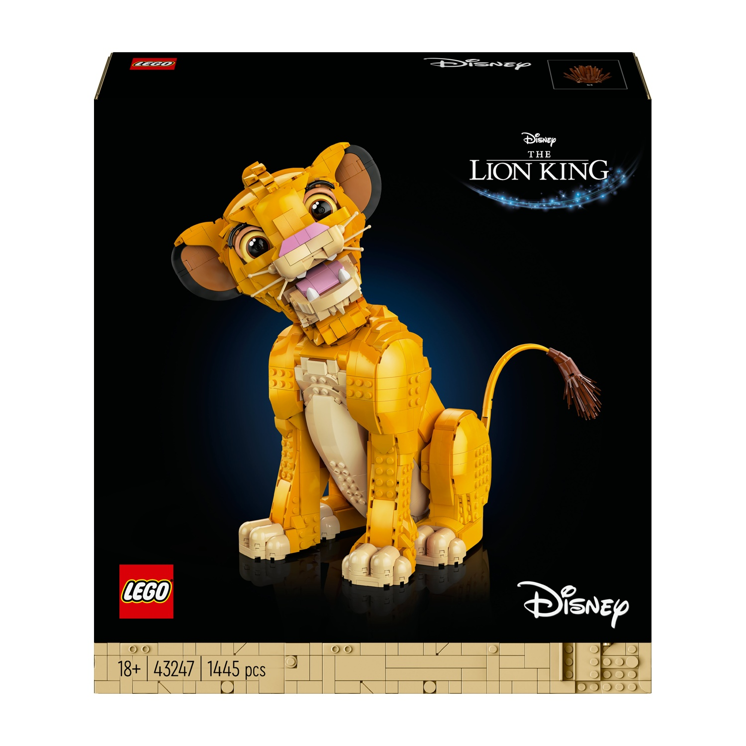 Un modello Lego di Simba da Il Re Leone, su sfondo nero. La scatola ha i loghi Disney e Lego. Simba è giallo e beige.
