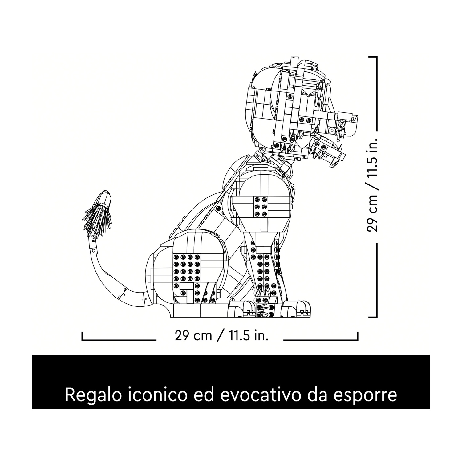 Disegno a tratto di un leone fatto di blocchi, con dimensioni e testo in italiano: 'Regalo iconico ed evocativo da esporre'.