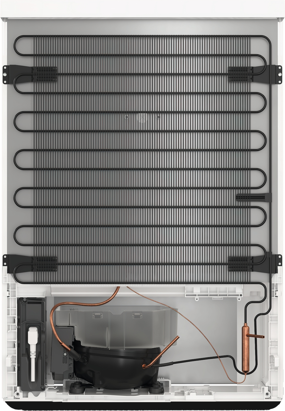 Die Rückseite eines Kühlschranks mit schwarzem Gitter, Kupferrohren, einem Kompressor und elektrischen Bauteilen vor einem weißen Rahmen.