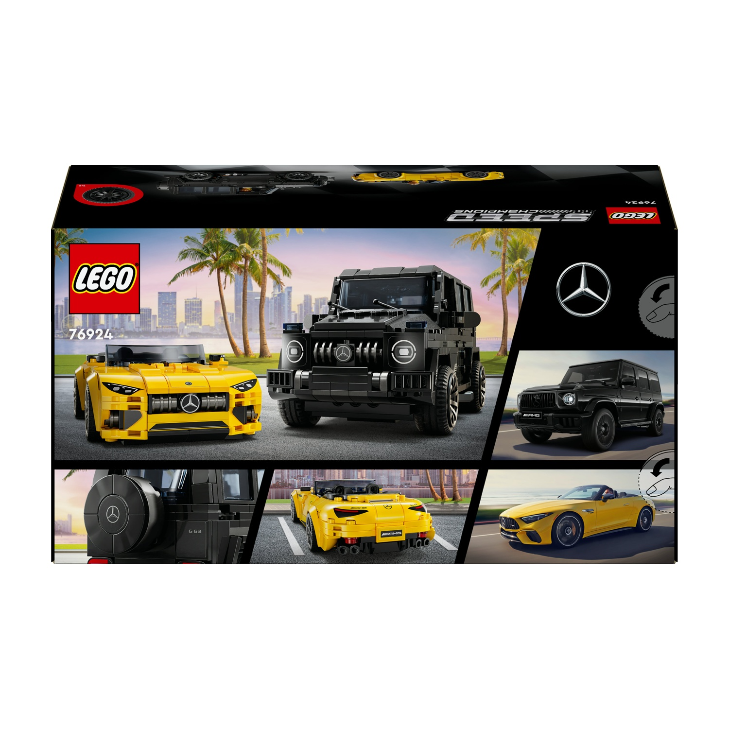 Scatola Lego con tre macchinine. Un'auto sportiva gialla e due SUV neri. Lo sfondo mostra uno skyline e palme.