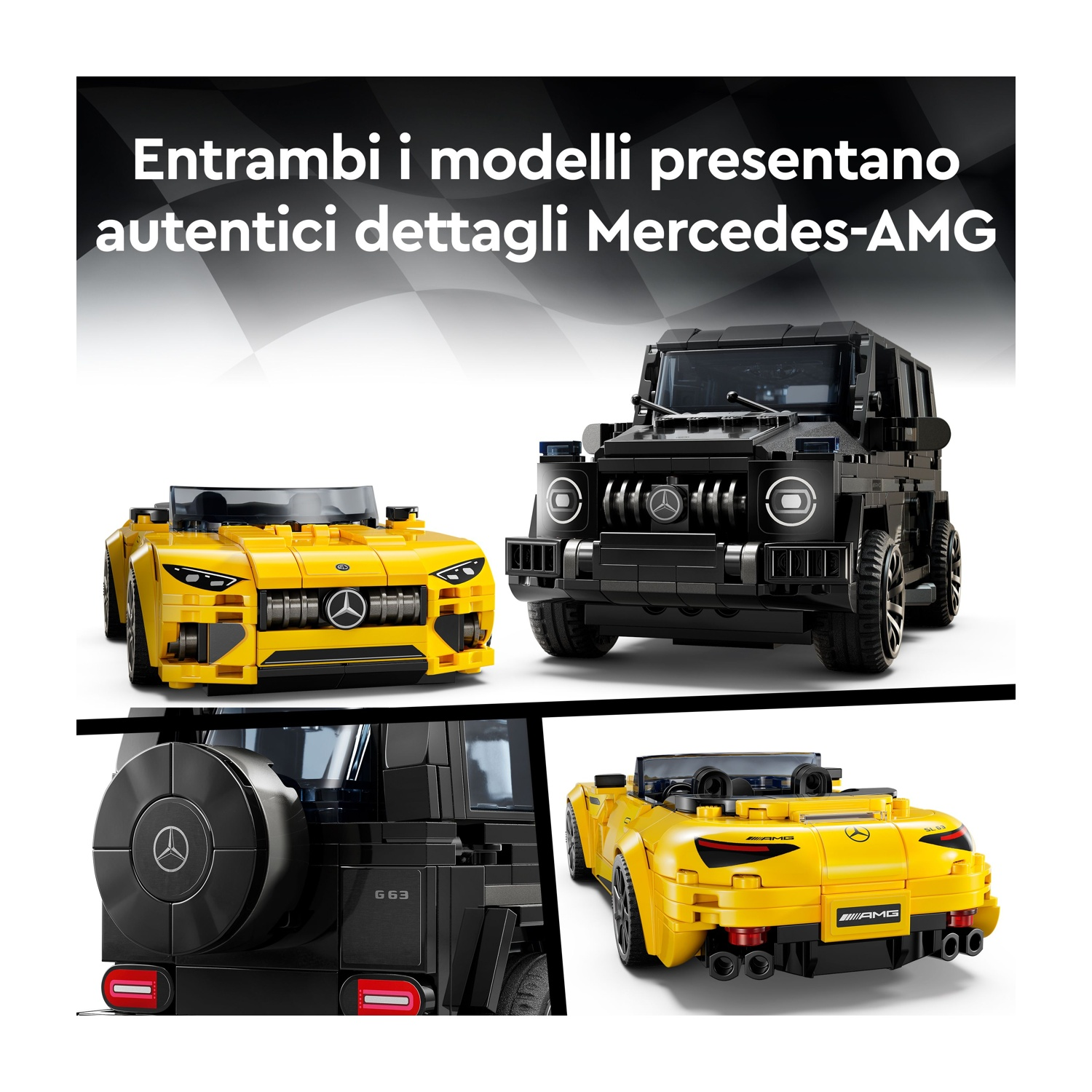 L'immagine mostra due modelli Lego Mercedes-AMG: un'auto sportiva gialla e un SUV nero. Entrambi i modelli mostrano dettagli AMG.