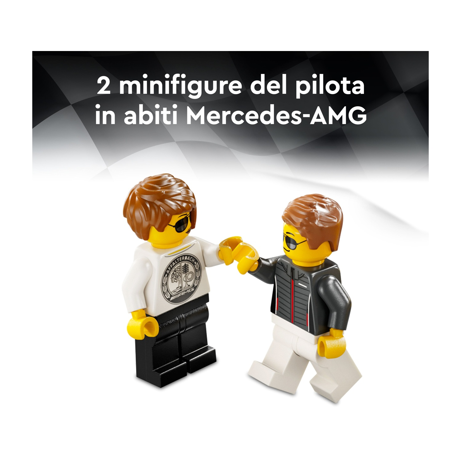 Due minifigure Lego. Uno con pantaloni neri e camicia bianca con logo, l'altro con pantaloni bianchi e giacca nera.