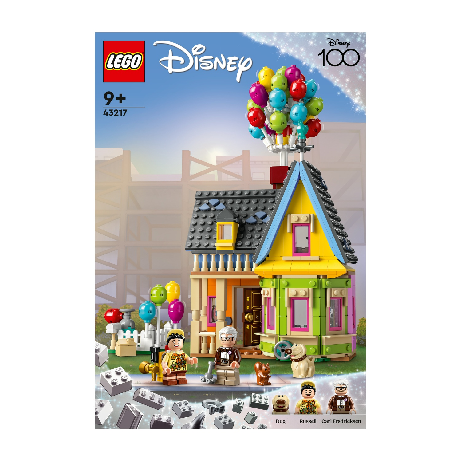 Set Lego: casa 'Up' Disney con palloncini, personaggi di Carl, Russell, Dug. Colorato, dettagliato e vivace.