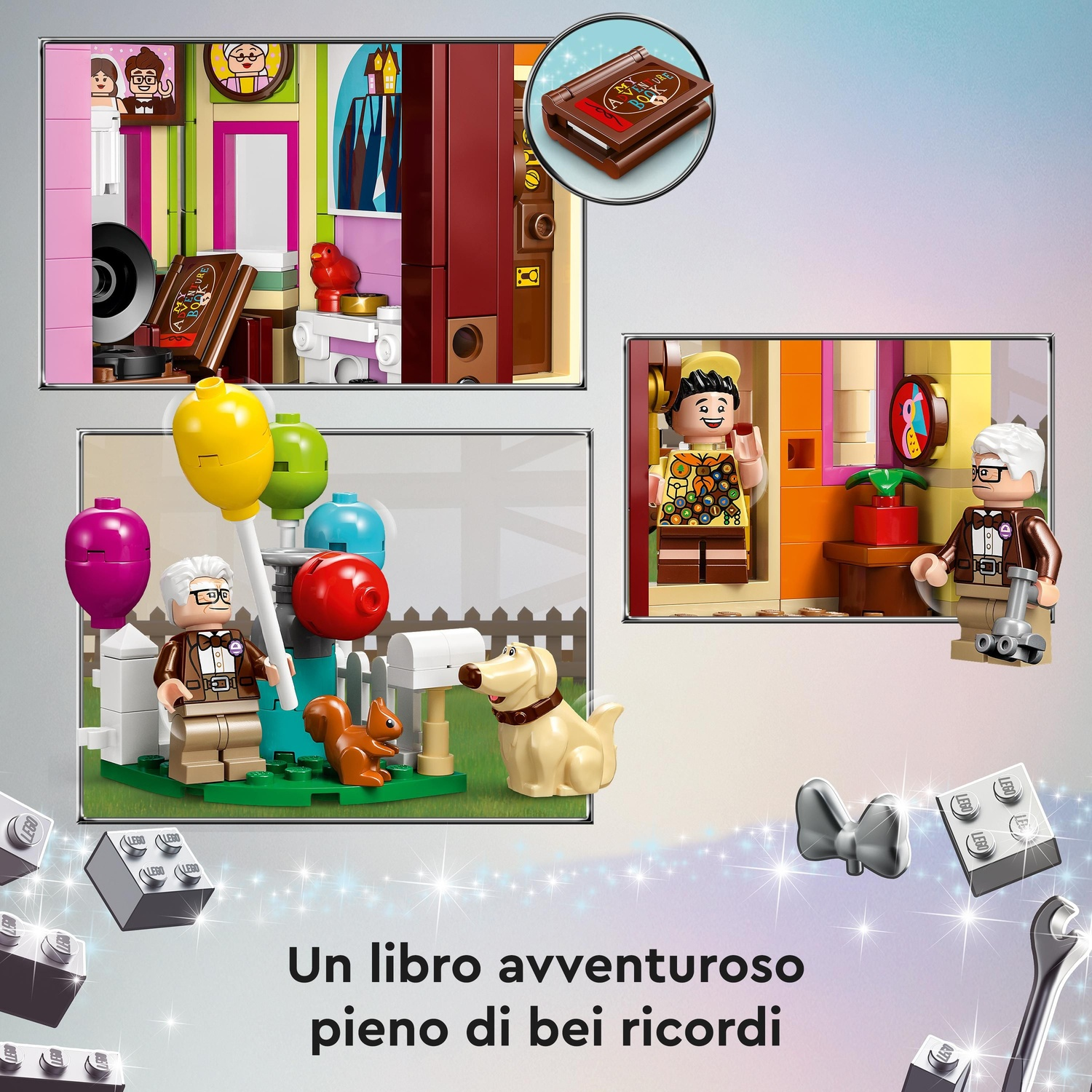 Set Lego con personaggi e scene del film 'Up', tra cui palloncini, una casa e un cane. Il testo dice: 'Un libro avventuroso pieno di ricordi'.