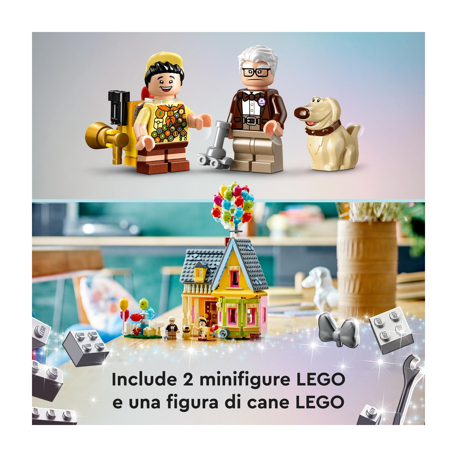 Set Lego: Carl, Russell, Dug e la casa di Up. Include palloncini, casa e pezzi Lego. Colorato e dettagliato.