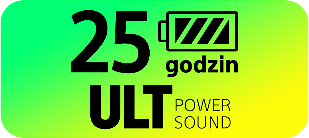 Obraz przedstawia ikonę baterii, liczbę 25, słowo 'godzin', 'ULT' i 'POWER SOUND' na zielono-żółtym tle gradientowym.