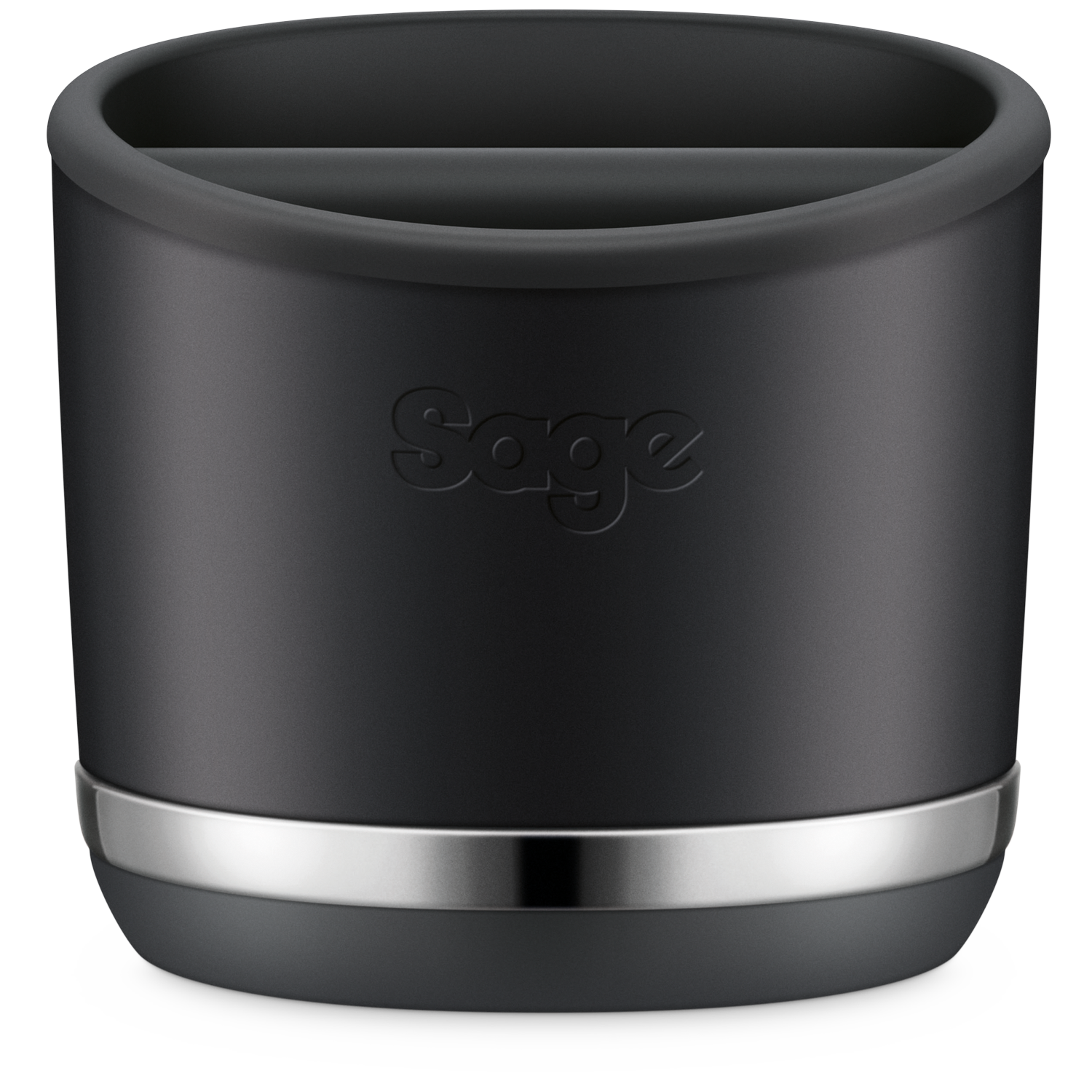 A black cylindrical container with a silver band and the 'Sage' logo. It has a divided interior.