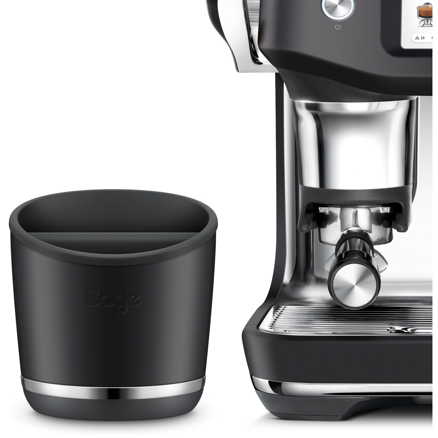 A black espresso machine with a black knock box on the left. The machine has a silver portafilter and chrome accents.