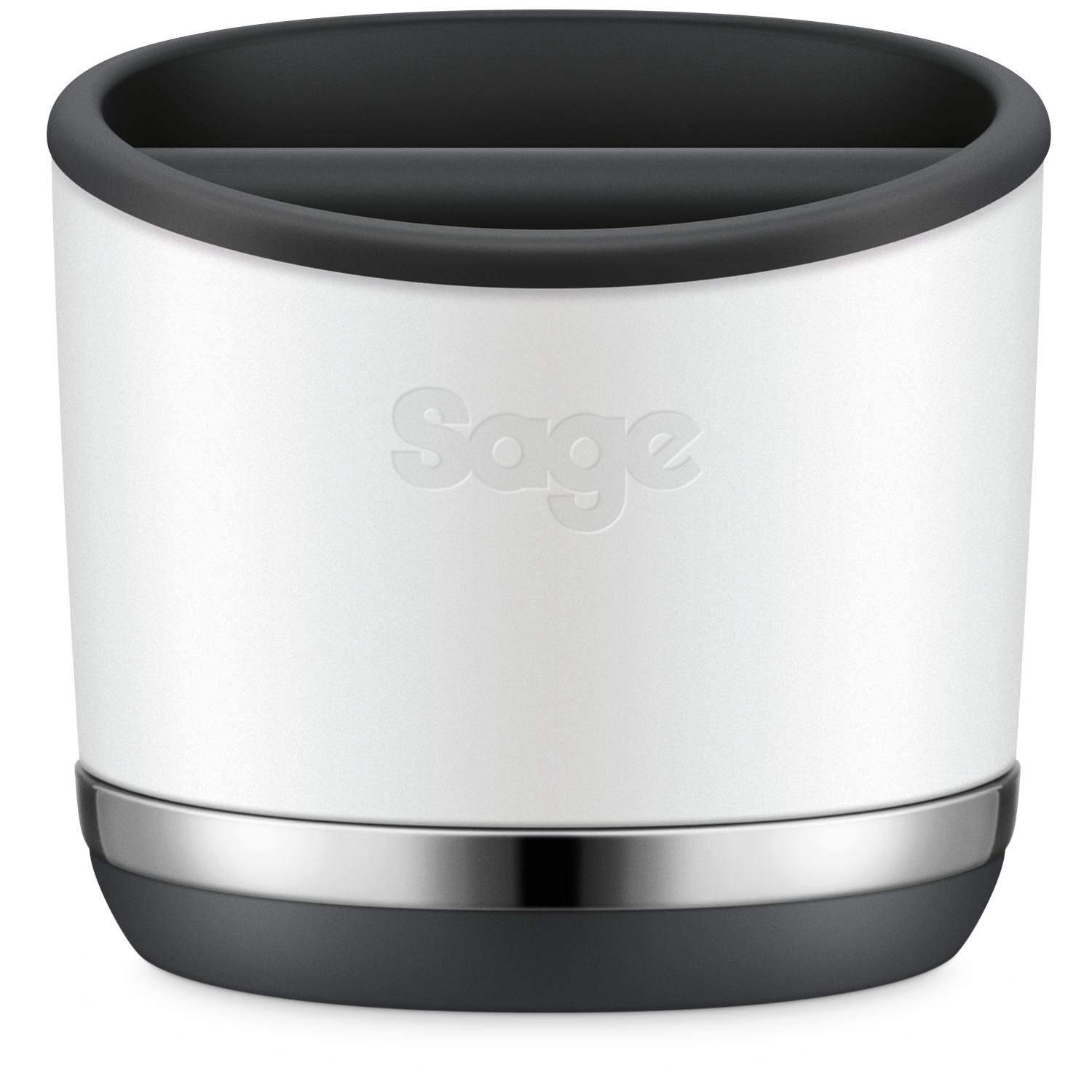 A white cylindrical utensil holder with a black rim and base, chrome band, and the 'Sage' logo.
