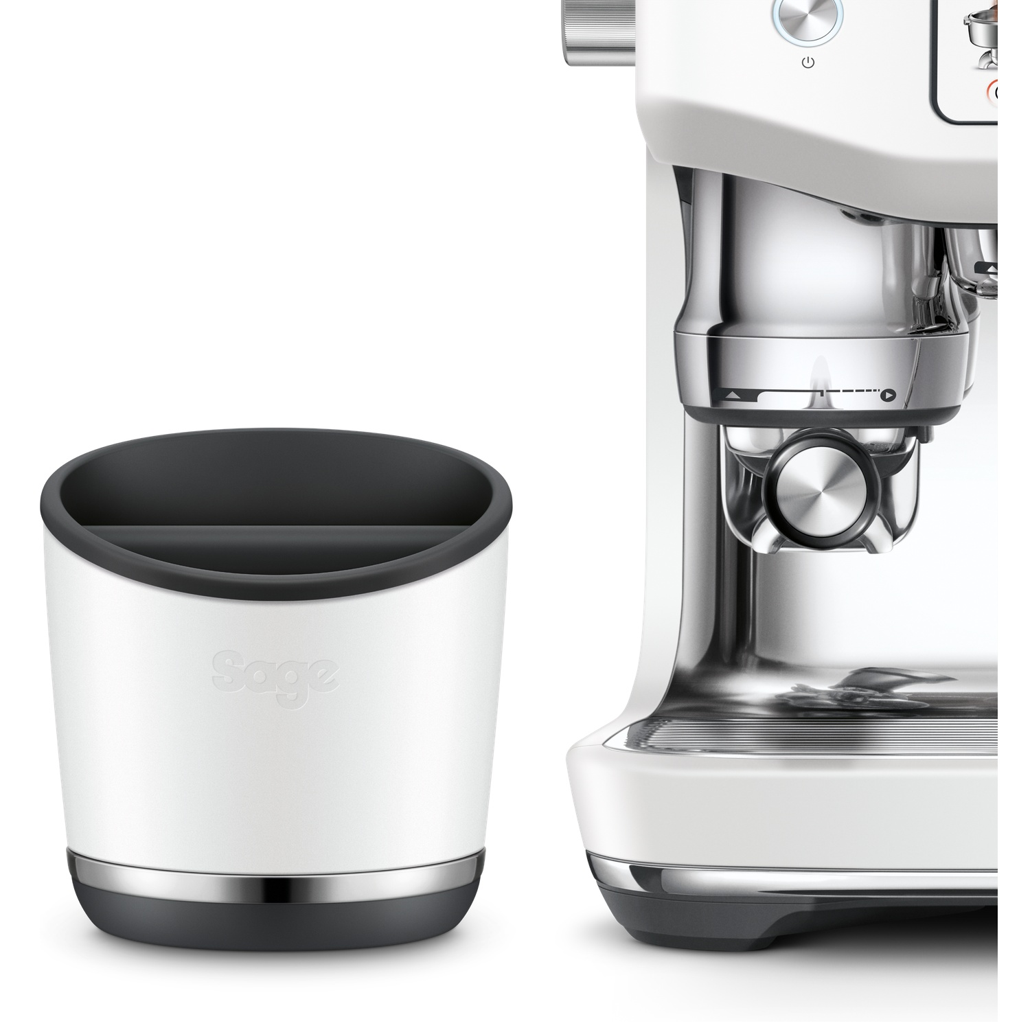 A white espresso machine with a black and gray container to its left. The container has the word "Sage" on it.
