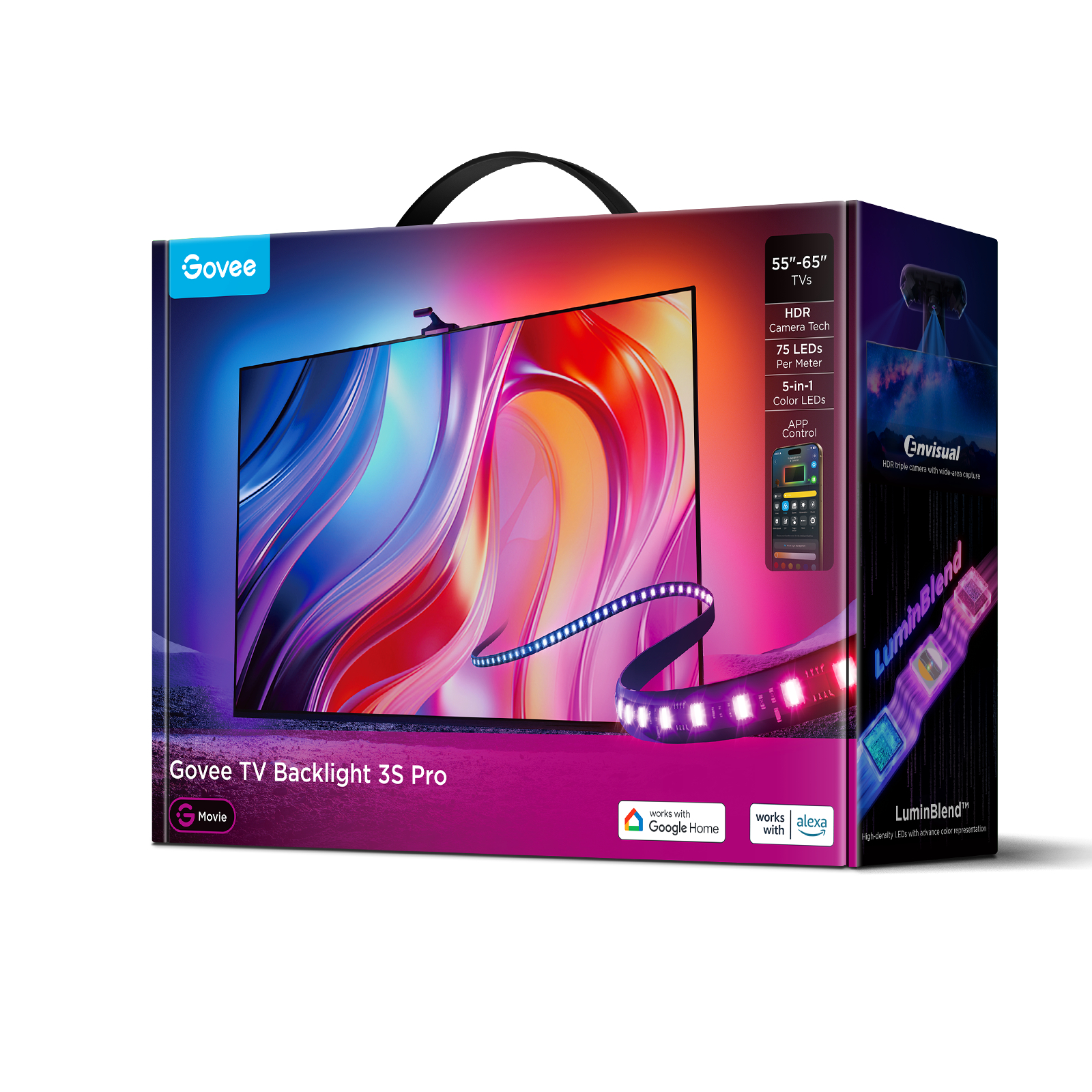 Box für Govee TV Backlight 3S Pro. Zeigt einen Fernseher, Lichtleiste und Funktionen wie HDR und Google Home-Kompatibilität.