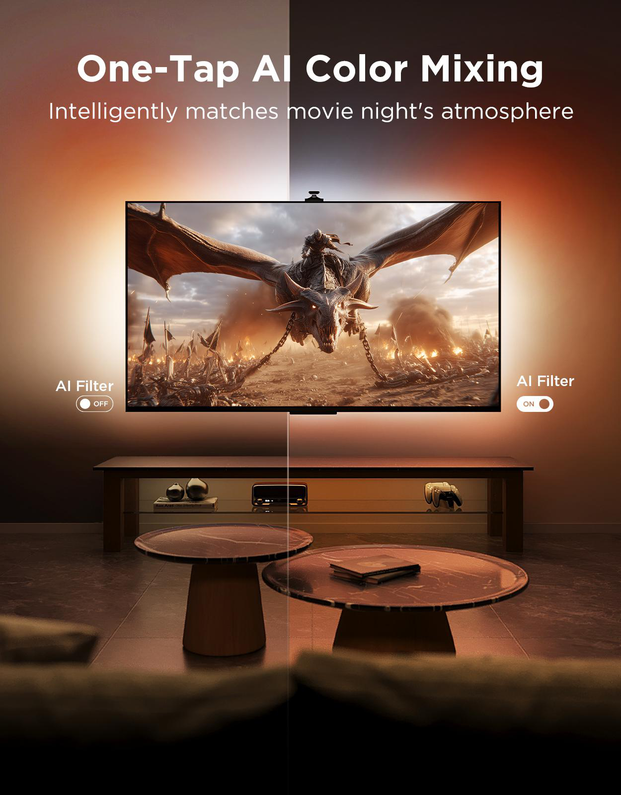 Fernseher mit Drachenbild. Der Text lautet 'One-Tap AI Color Mixing'. Der KI-Filter ist links AUS und rechts EIN.