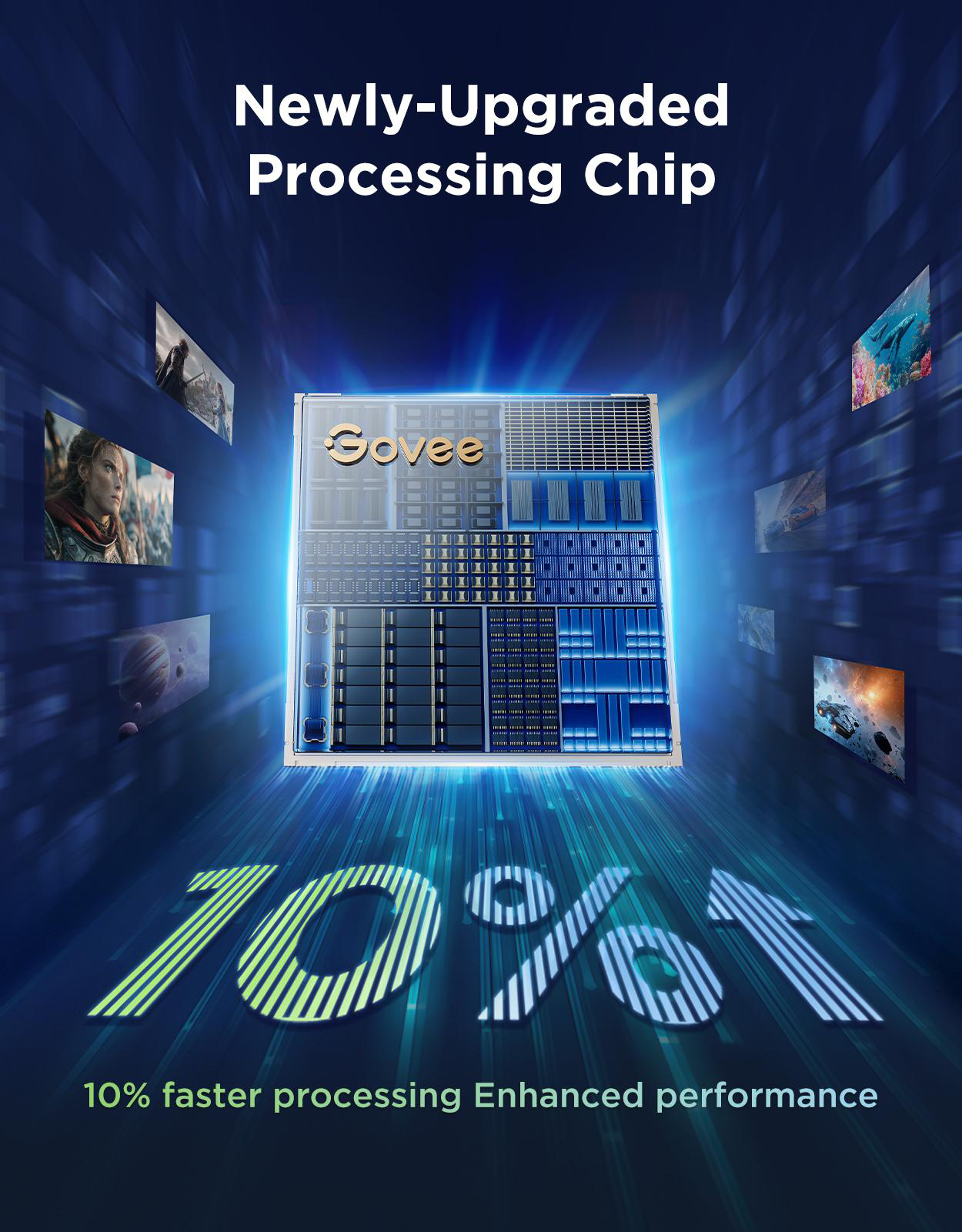 Das Bild zeigt einen Prozessorchip mit dem Text '70%'. Es bewirbt 10% schnellere Verarbeitung und verbesserte Leistung.