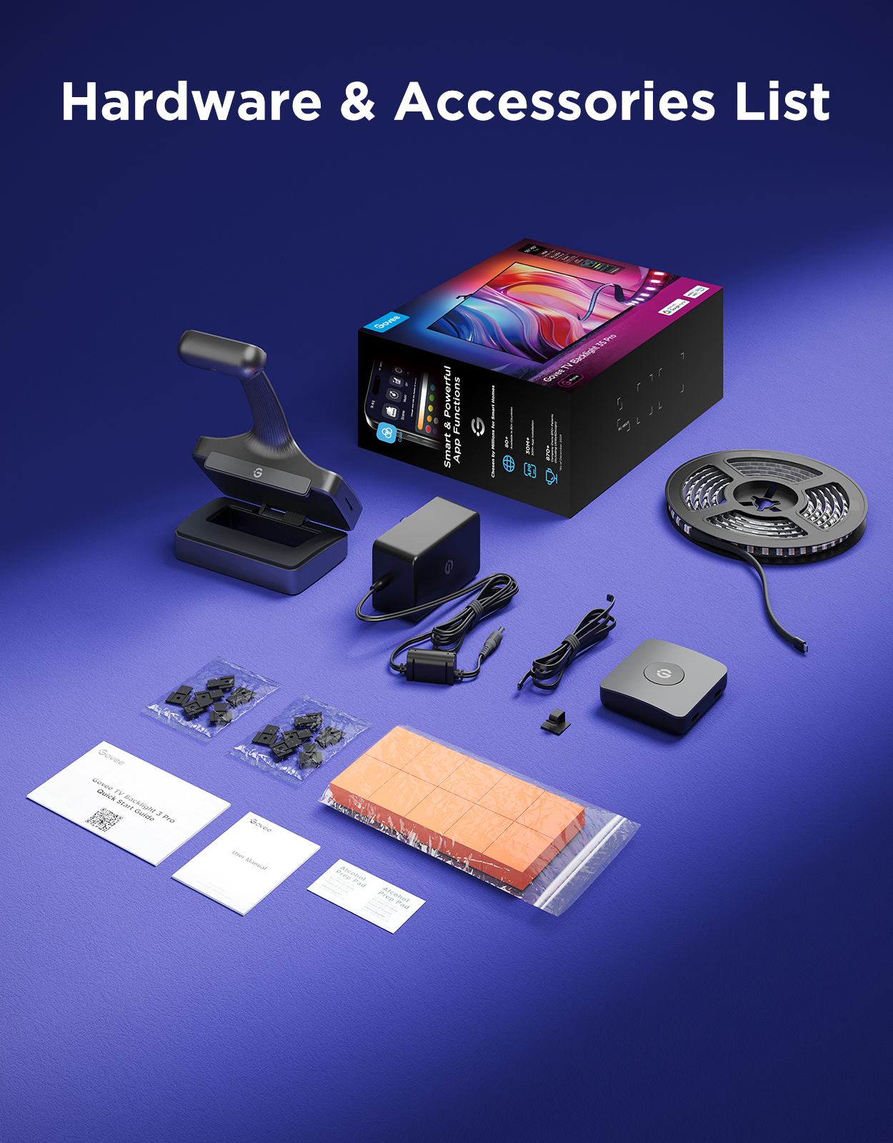 Eine Auswahl an Hardware und Zubehör, darunter ein Lichtband, Netzteile und Handbücher, angeordnet auf einer blauen Oberfläche.