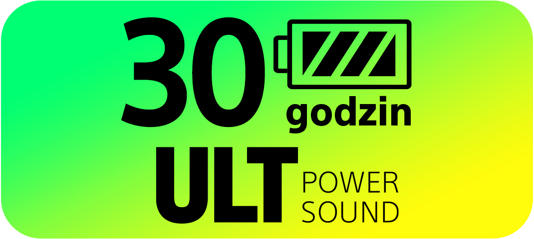 Obraz z '30', ikoną baterii i tekstem 'godzin', 'ULT', 'POWER SOUND' na zielono-żółtym tle gradientowym.