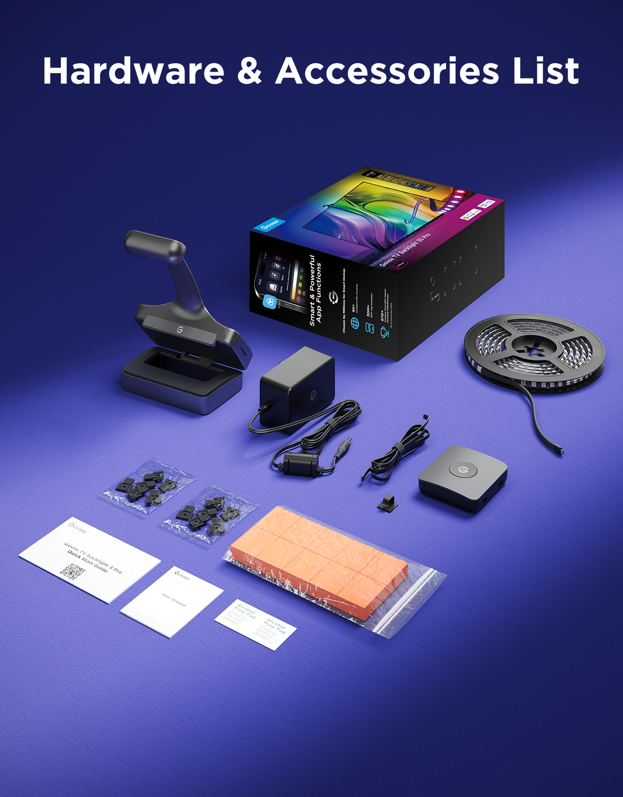 Das Bild zeigt eine Produktliste mit Zubehör wie LED-Streifen, Netzteil und Handbüchern auf blauem Untergrund.