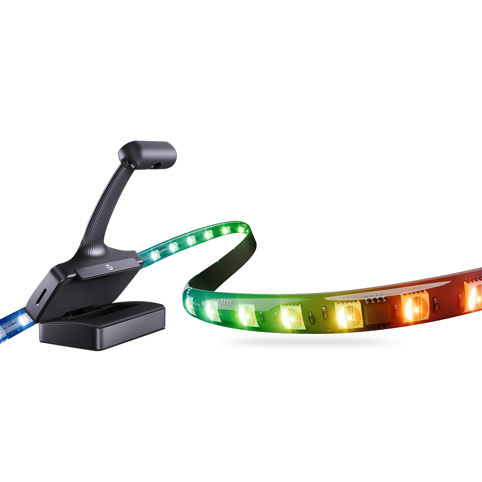 Eine schwarze Schreibtischlampe mit flexiblem Arm und ein farbenfroher LED-Lichtstreifen. Weißer Hintergrund.