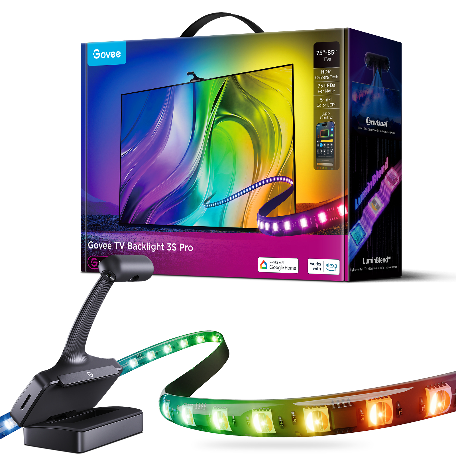 Eine Govee TV Backlight 3S Pro-Box, eine schwarze Kamera und LED-Lichtleisten werden angezeigt. Die Box zeigt einen Fernseher mit bunten Lichtern.
