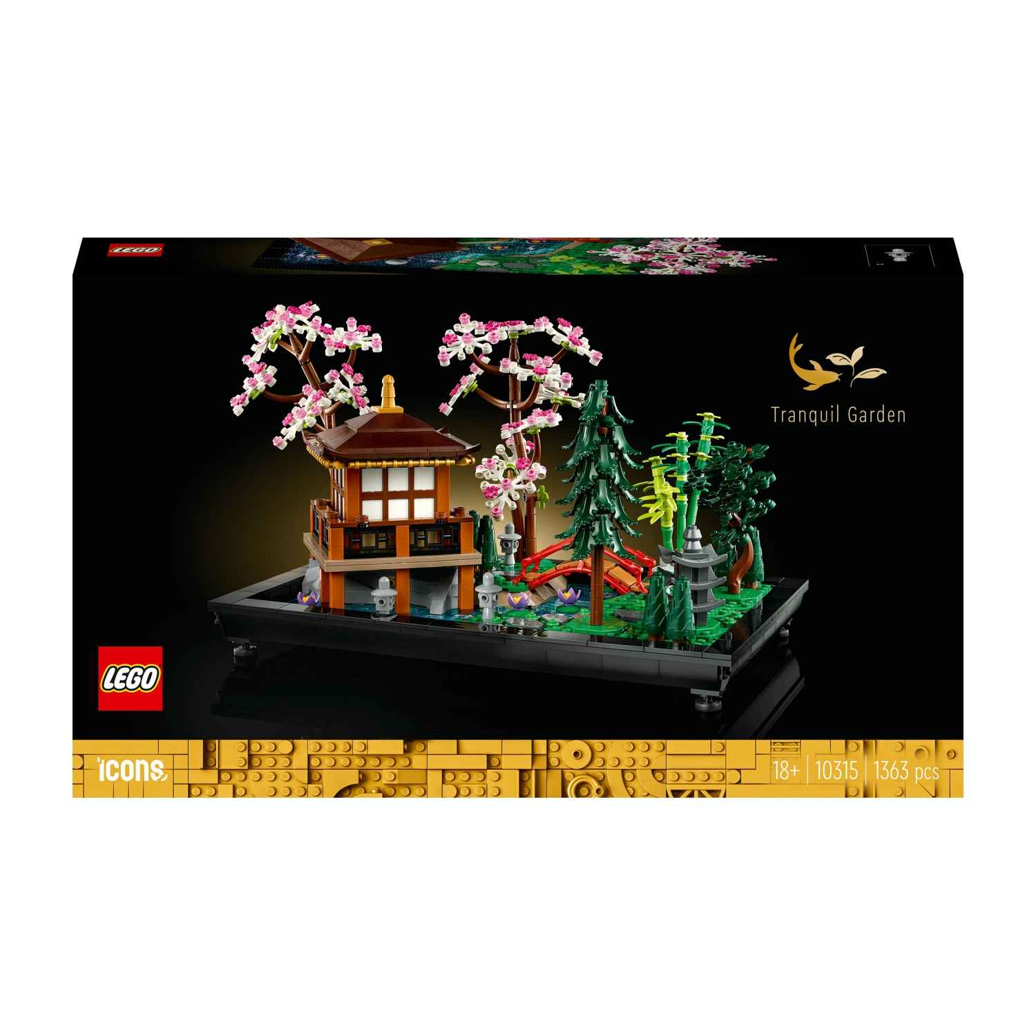Set Lego Tranquil Garden. Scena di giardino giapponese con pagoda, alberi con fiori rosa, ponte rosso e varie piante.