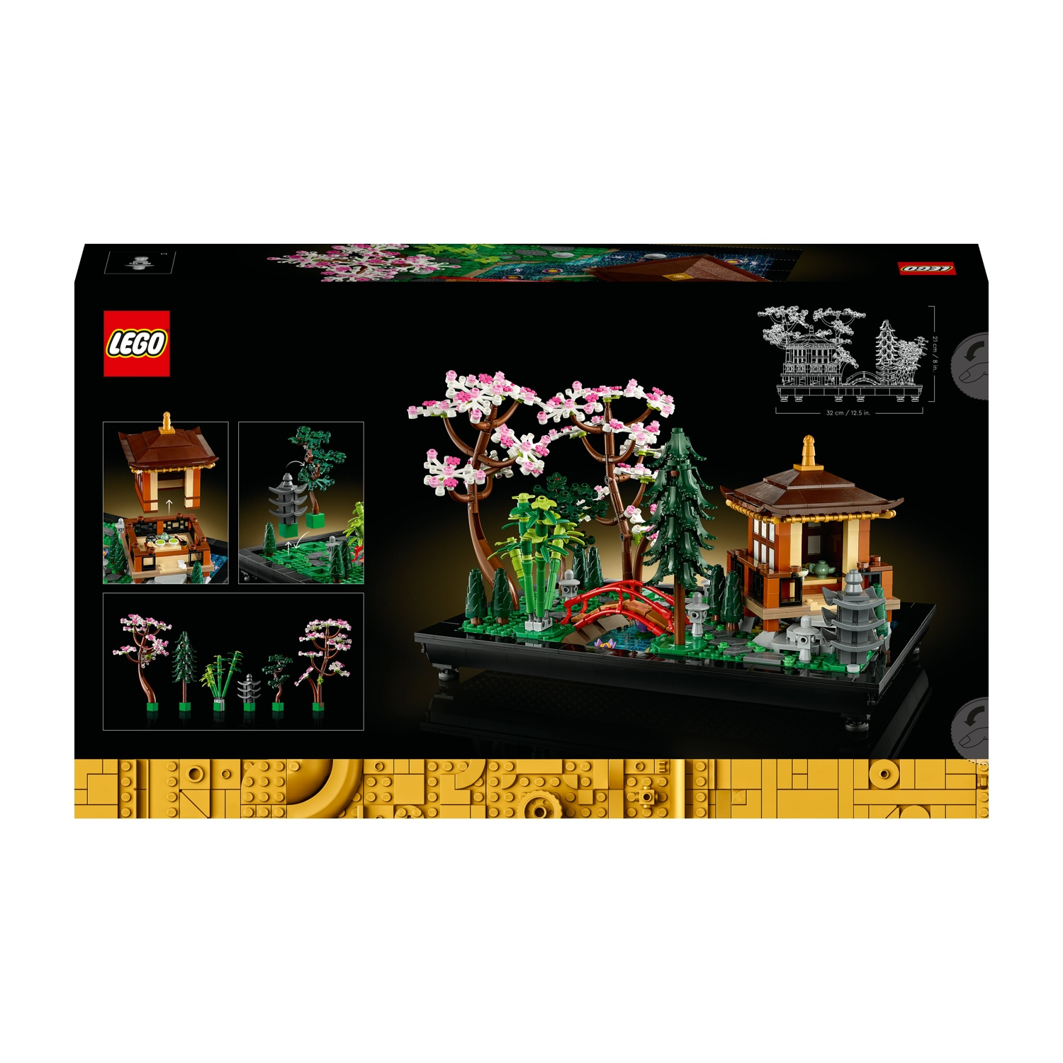 Set Lego con scena di giardino giapponese. Presenta una pagoda, un ponte rosso, alberi con fiori rosa e una base nera.