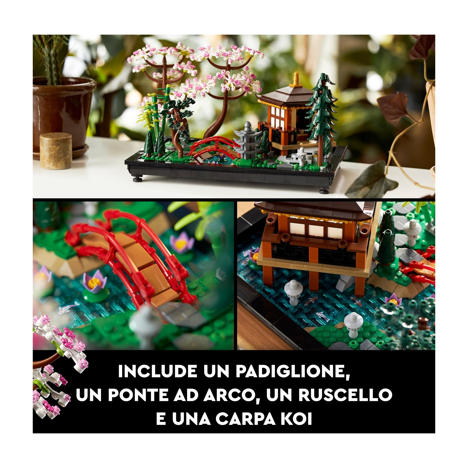 Un giardino giapponese in miniatura con una pagoda, un ponte ad arco, un ruscello e pesci koi. Sono presenti anche fiori di ciliegio rosa e fogliame verde.
