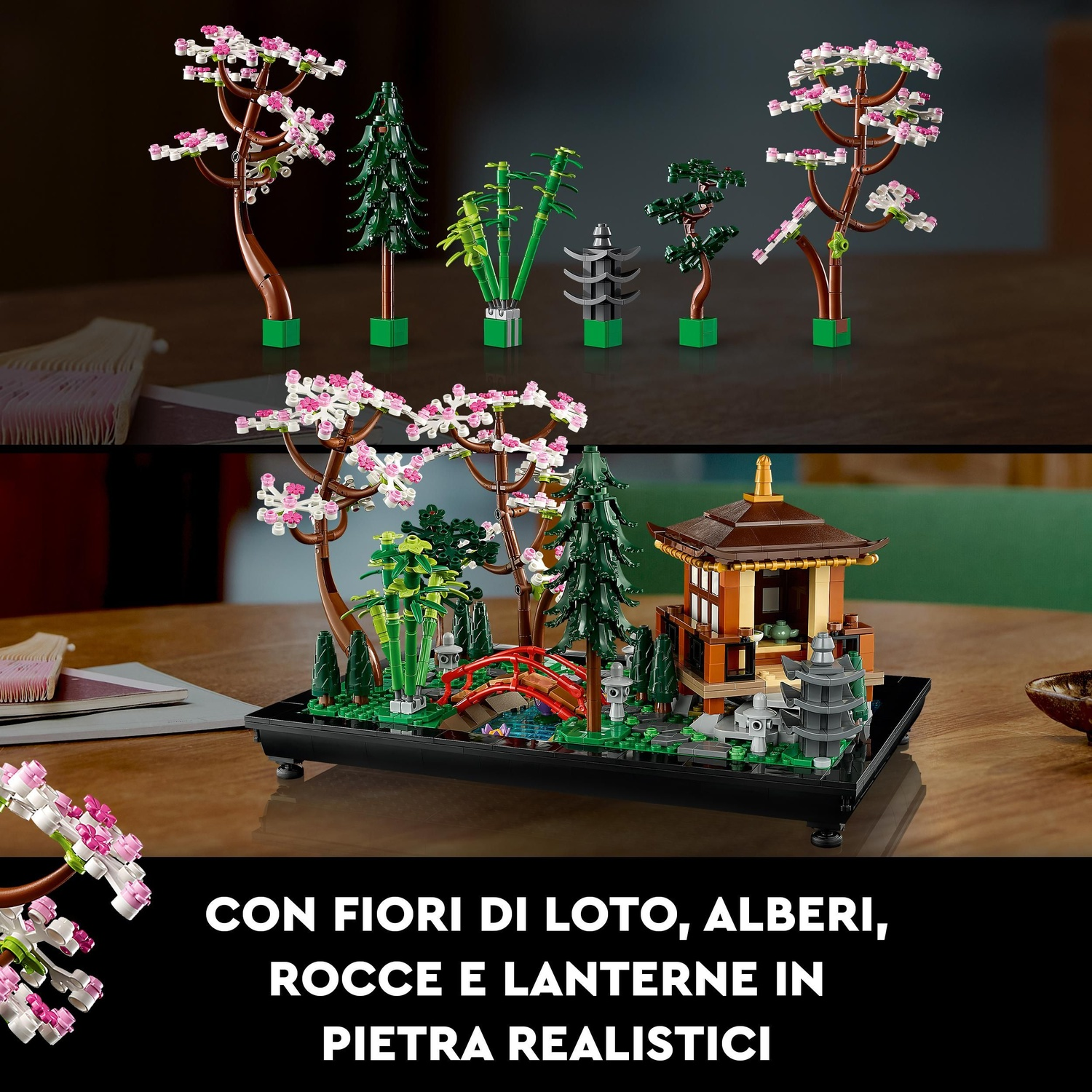 Un set Lego di giardino giapponese con alberi di ciliegio in fiore, un ponte, una pagoda e lanterne di pietra su base nera.