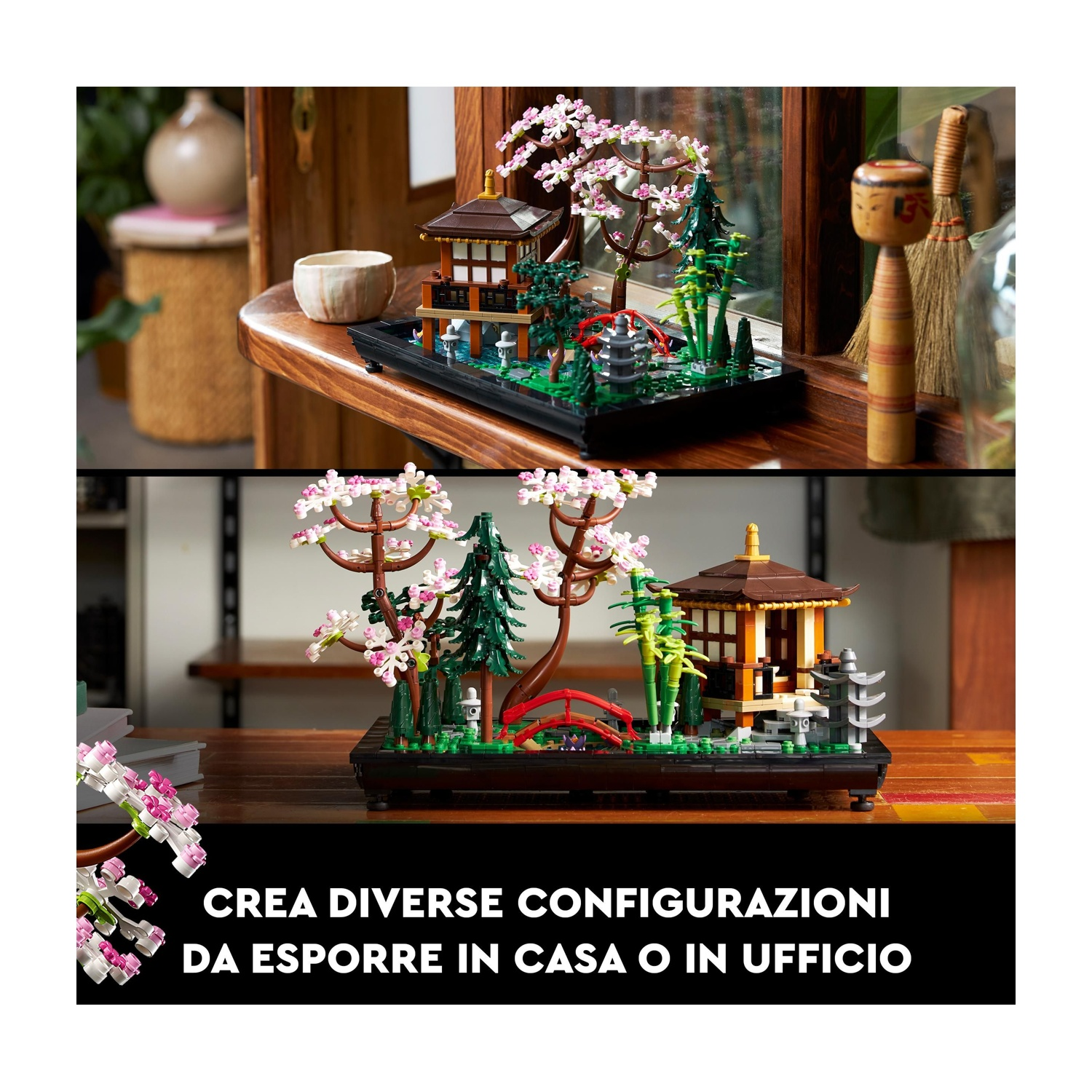Una scena di giardino giapponese Lego con una pagoda, alberi e un ponte rosso, esposta su una superficie di legno.