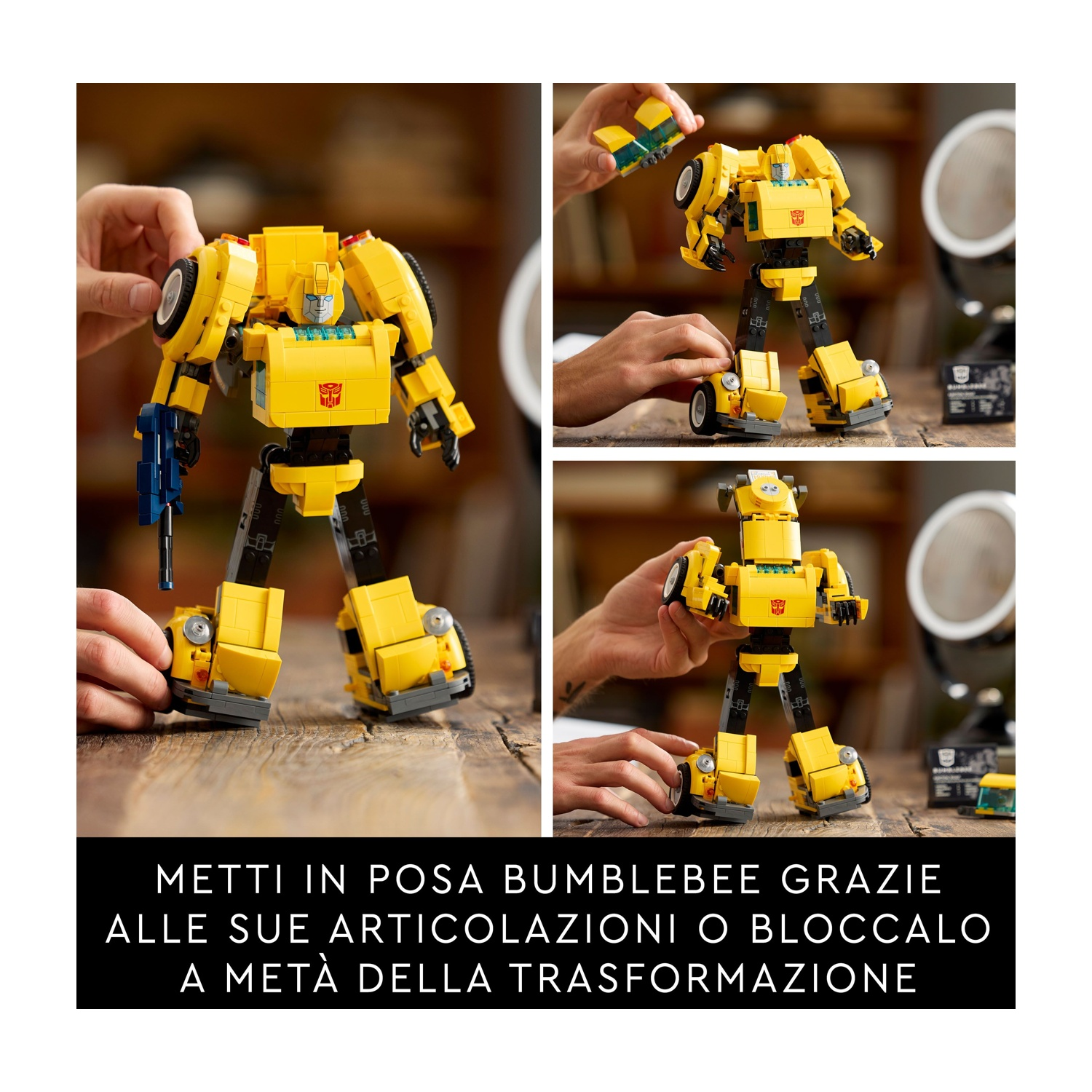 Un giocattolo Transformer Bumblebee giallo viene assemblato. Il giocattolo è su un tavolo di legno e le mani sono mostrate mentre lo assemblano.