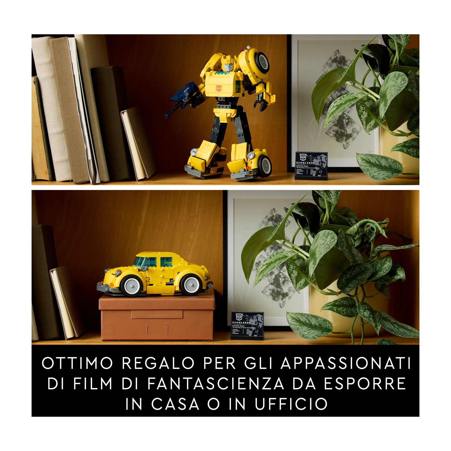 Due mensole con un robot giocattolo e un'auto gialli, libri, una pianta e una carta Bumblebee. Testo in italiano in basso.