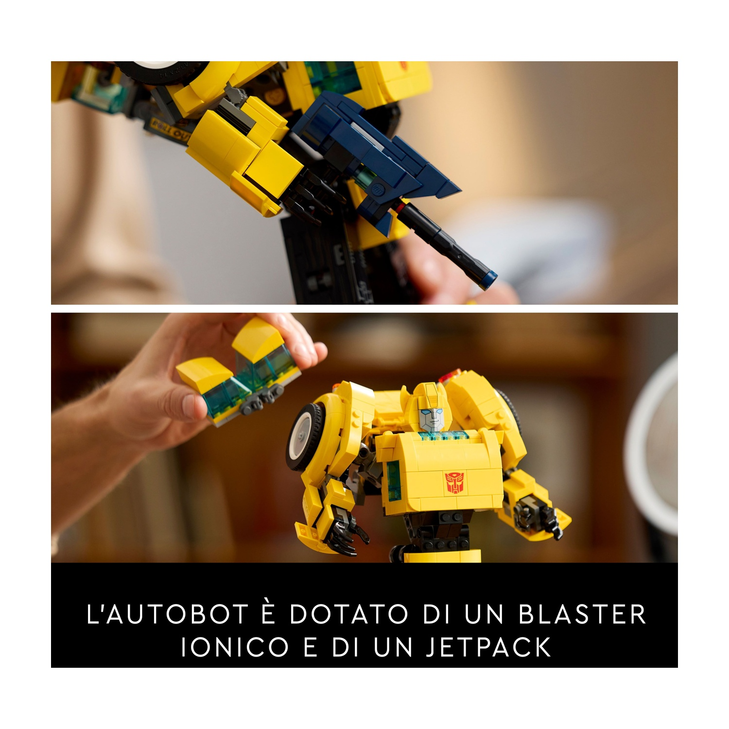 Un giocattolo Autobot giallo e nero viene assemblato. Una mano tiene una piccola auto. Il testo dice: L'Autobot ha un blaster ionico e un jetpack.