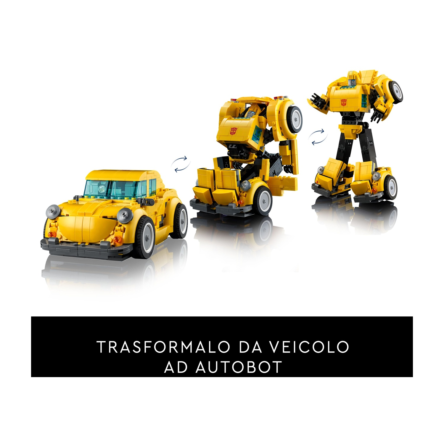 Un trasformatore Lego giallo in tre fasi: auto, trasformazione e robot. Le frecce mostrano la trasformazione. Testo: 'Trasforma da veicolo ad Autobot'.