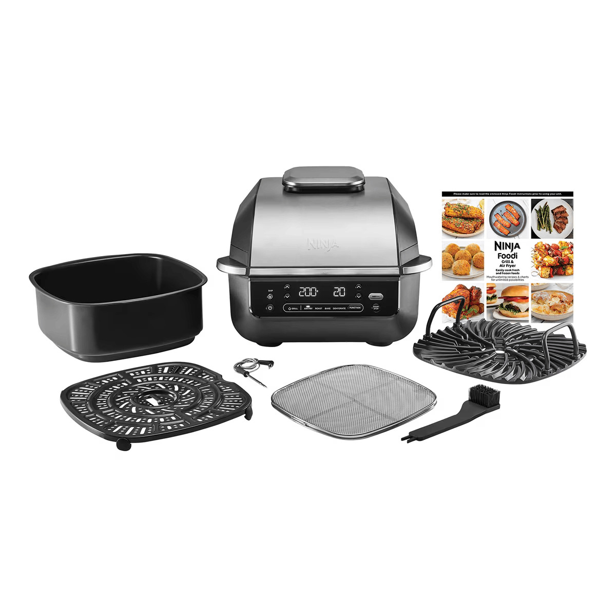 Parrilla Ninja Foodi con accesorios: cesta freidora, rejilla, cepillo. Pantalla muestra 200 grados.