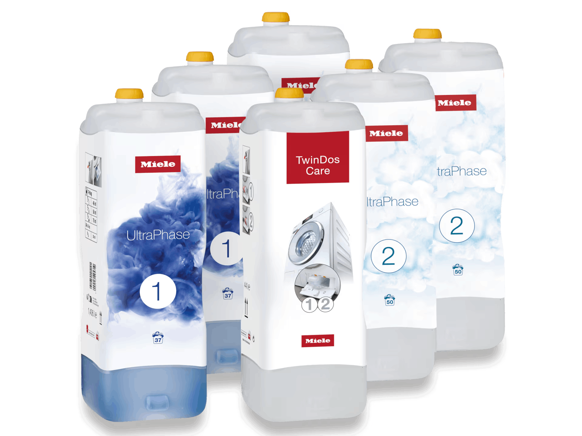 Varias botellas blancas de detergente con tapas amarillas. Las etiquetas muestran 'UltraPhase', 'TwinDos Care' y gráficos de lavadora.