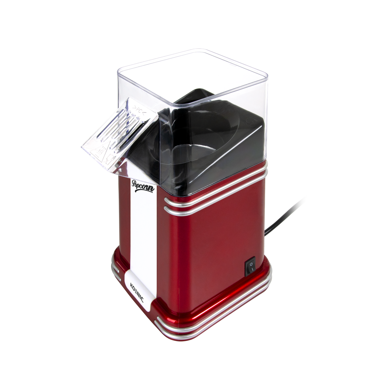 Una máquina de palomitas roja y plateada. Tiene una parte superior transparente, una franja blanca y un cable de alimentación negro.