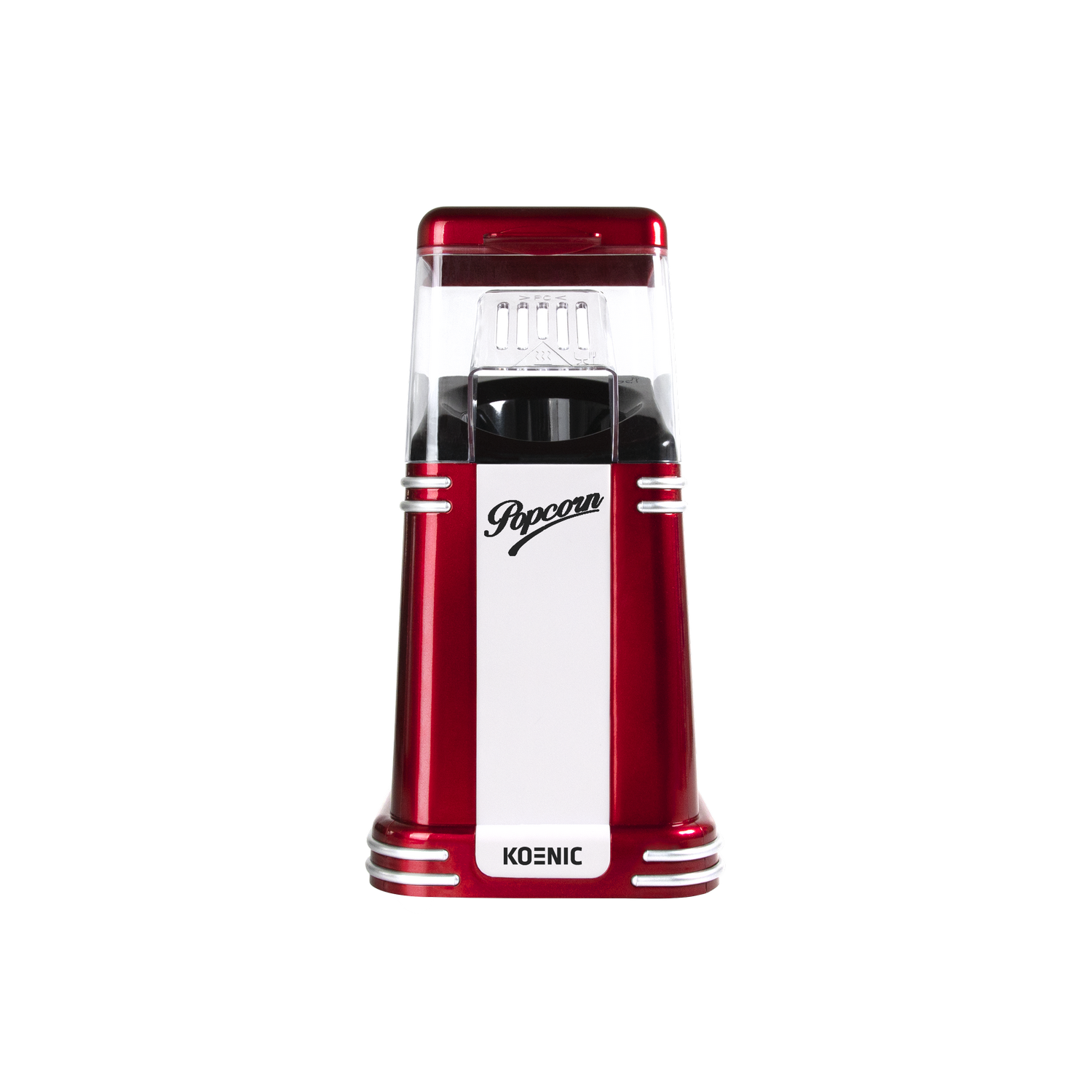 Una máquina de palomitas roja y plateada sobre fondo gris. Dice 'Popcorn' y 'KOENIC'.