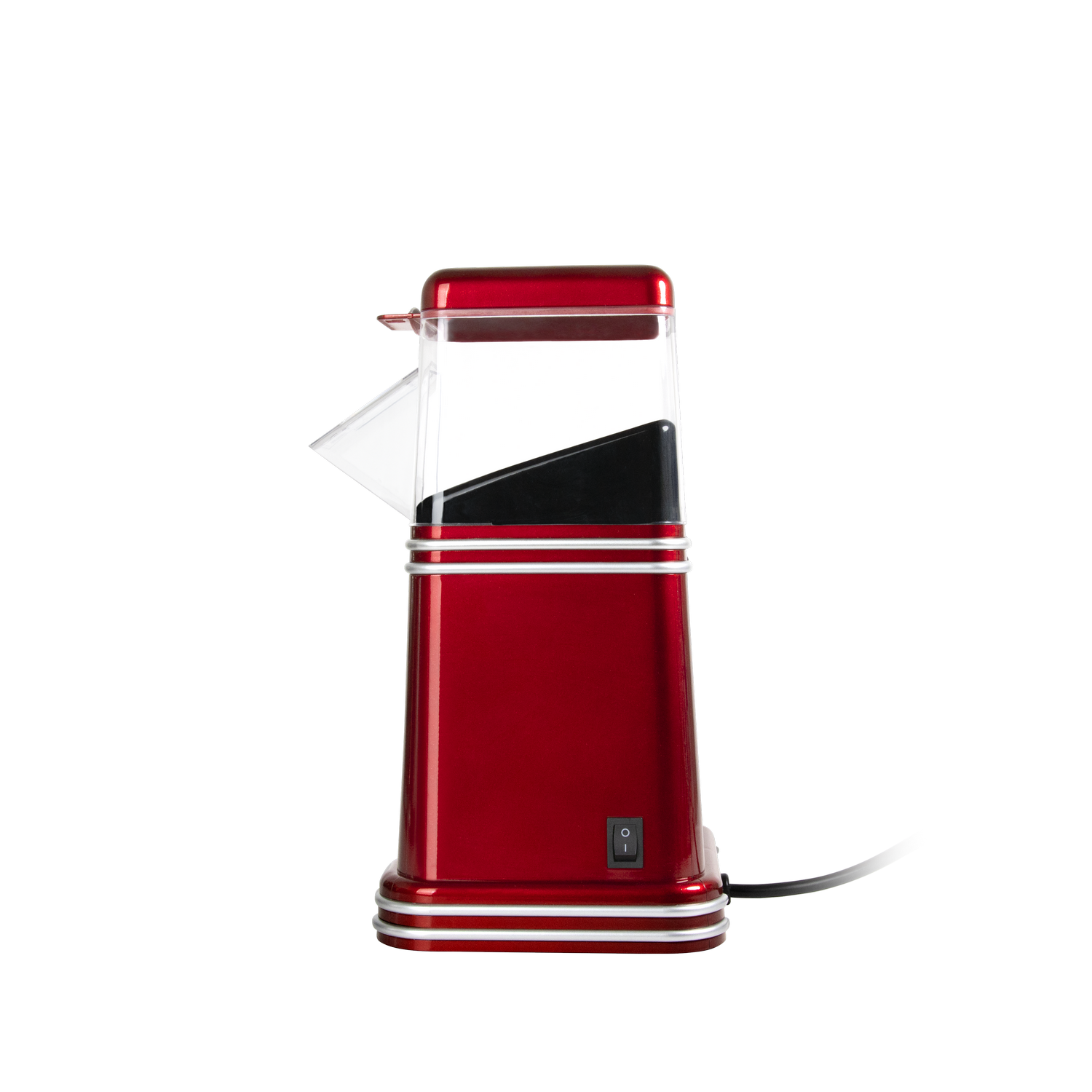 Una máquina de palomitas roja y plateada sobre un fondo gris. Tiene una tapa de plástico transparente y un cable de alimentación negro.