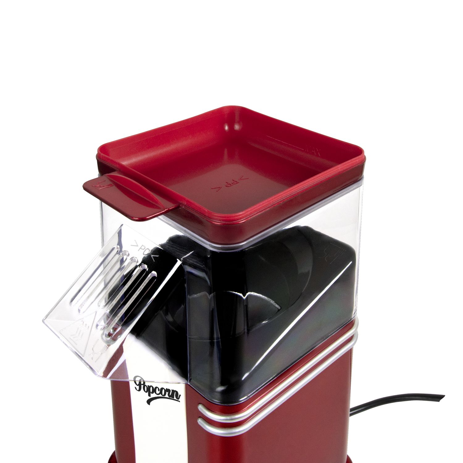 Una máquina de palomitas roja y negra con tapa transparente. Tiene una tapa roja, una rampa transparente y un interior negro. El fondo es gris.