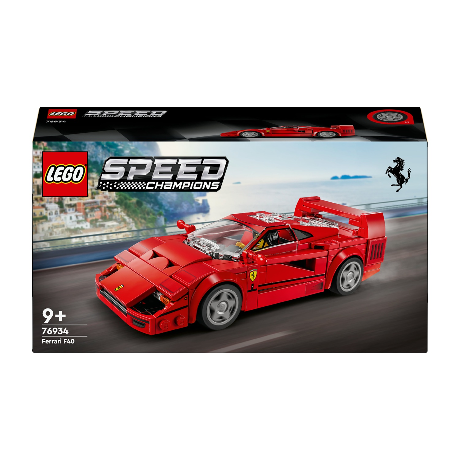 Un set Lego Speed Champions con una Ferrari F40 rossa. La scatola mostra l'auto su una pista, con i loghi Lego e Ferrari.