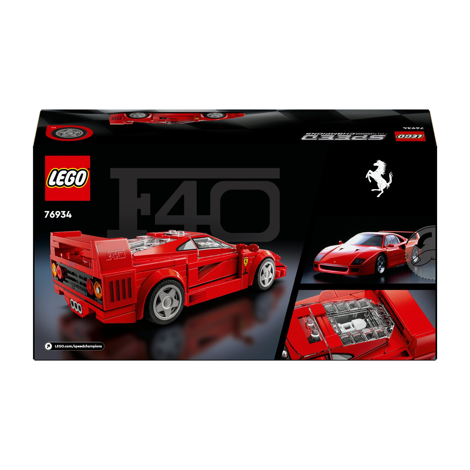 Una scatola Lego mostra un modello di auto Ferrari F40 rossa. La scatola presenta il logo Lego, il logo Ferrari e il marchio Speed Champions.