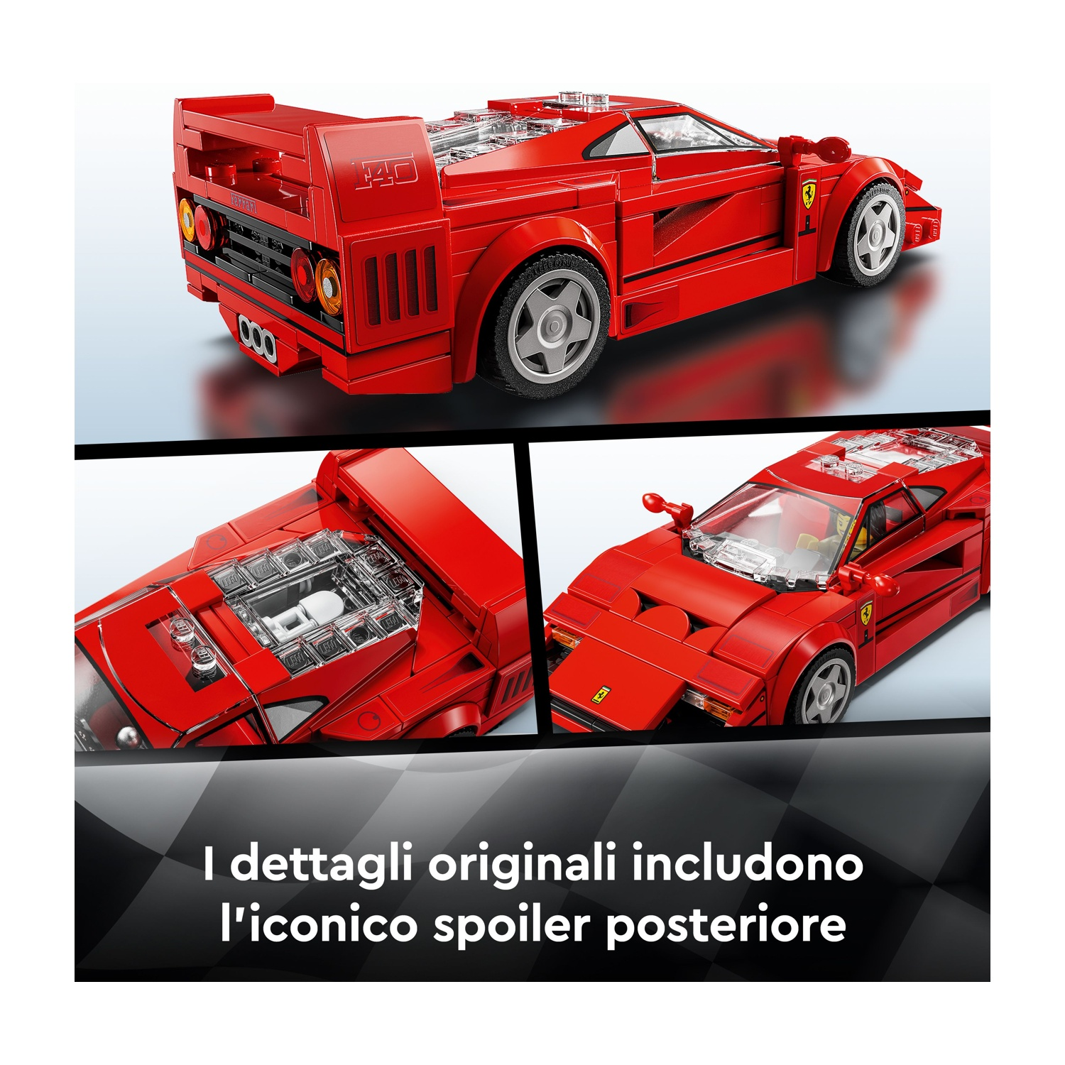 Viene mostrato un modello Lego Ferrari F40 rosso. I primi piani mostrano i dettagli: spoiler, motore e ruote. È su sfondo bianco.