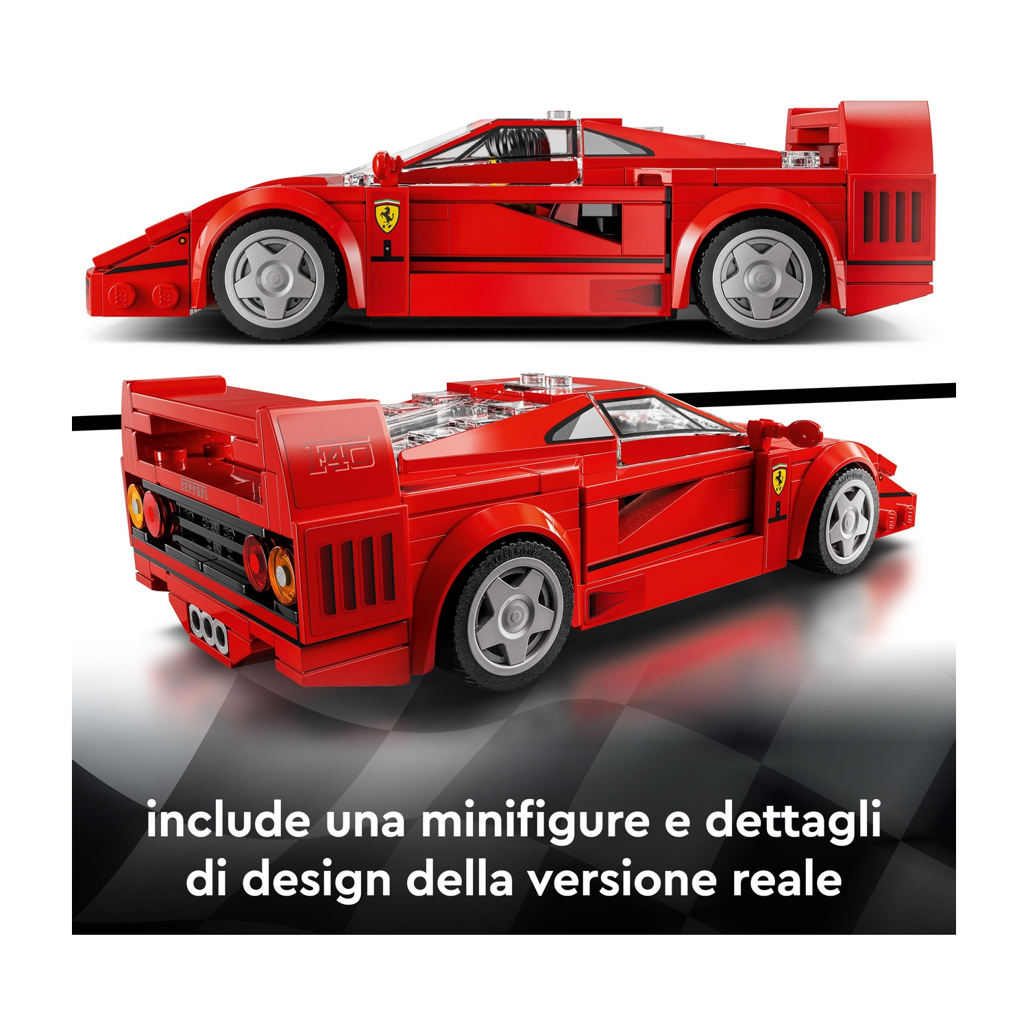 Due modelli Lego Ferrari F40 rossi. Una vista laterale, una angolata. Testo dice: 'include una minifigure e dettagli'.