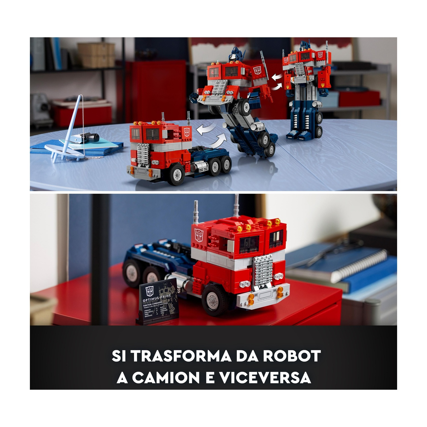 L'immagine mostra un Lego Optimus Prime che si trasforma da robot a camion. È rosso e blu. Il testo recita 'Si trasforma da robot a camion'.