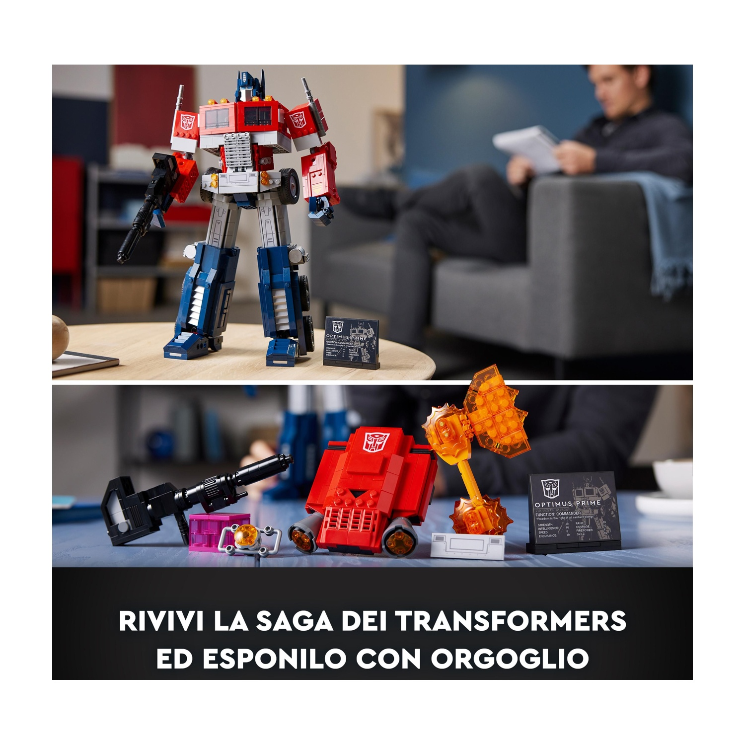L'immagine mostra un robot Lego Optimus Prime, una persona che legge e pezzi Lego. Il testo recita 'RIVIVI LA SAGA DEI TRANSFORMERS CON ORGOGLIO'.